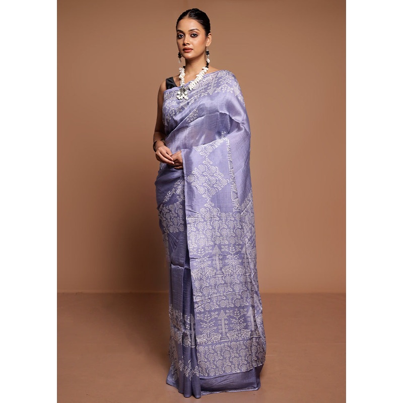Grey Printed Pure Silk Saree Without Blouse Piece - JD986591601