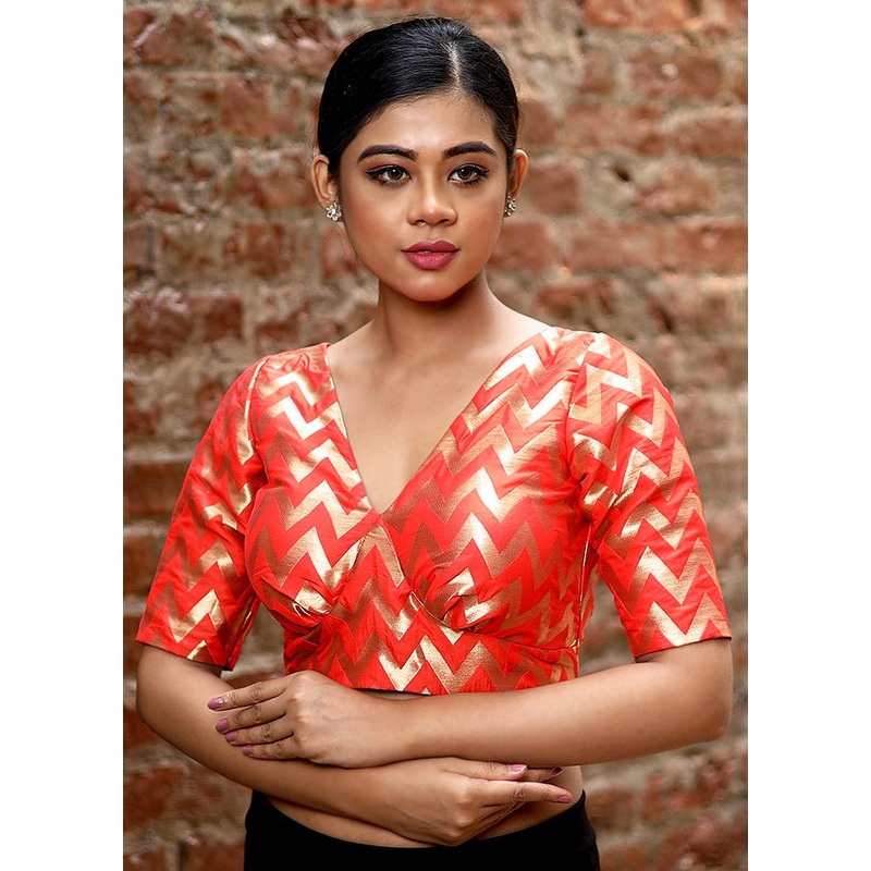 Orange Brocade Designer Blouse - JD986591471