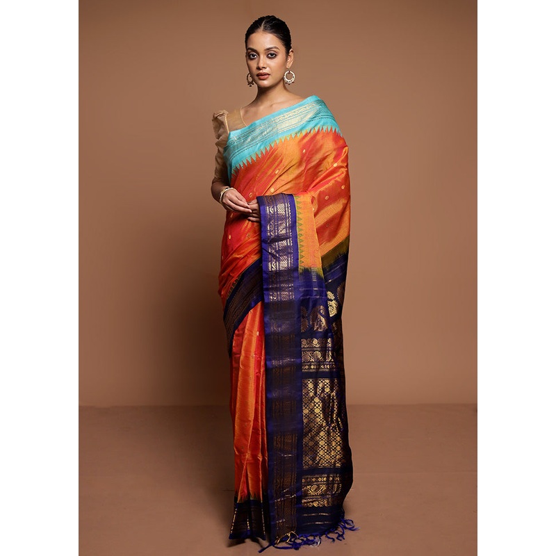Orange Gadwal Pure Silk Saree Without Blouse Piece - JD986591597