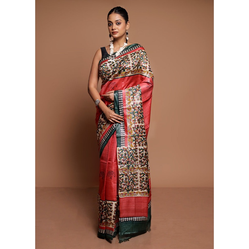 Pink Handloom Tussar Pure Silk Saree With Blouse Piece - JD986591593