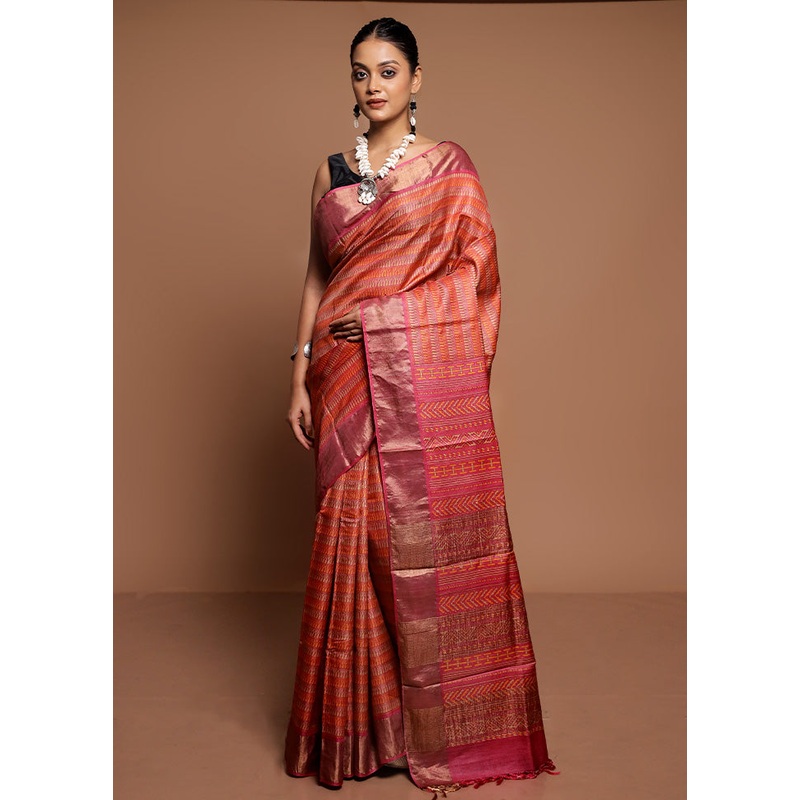 Pink Tussar Silk Saree With Blouse Piece - JD986591590