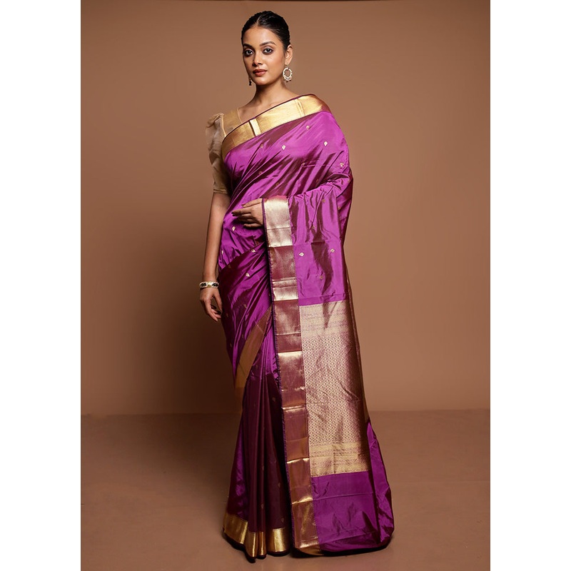 Purple Handloom Kanjivaram Pure Silk Saree With Blouse Piece - JD986591586