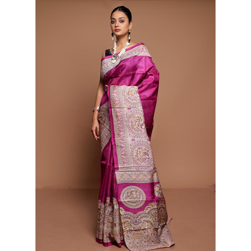 Purple Printed Pure Silk Saree Without Blouse Piece - JD986591583