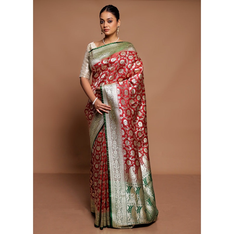 Red Banarasi Silk Saree With Blouse Piece - JD986591580
