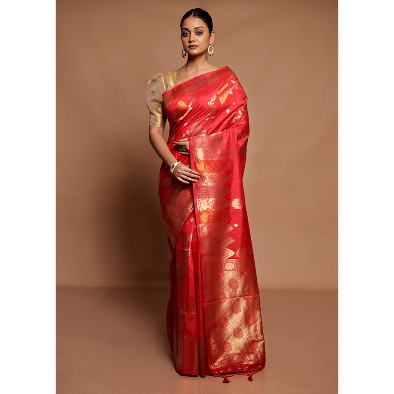 Red Dupion Silk Saree With Blouse Piece - JD986591577