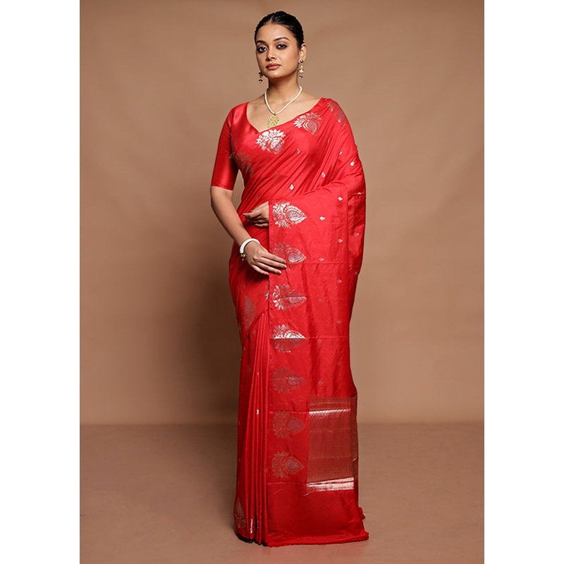 Red Dupion Silk Saree With Blouse Piece - JD986591578