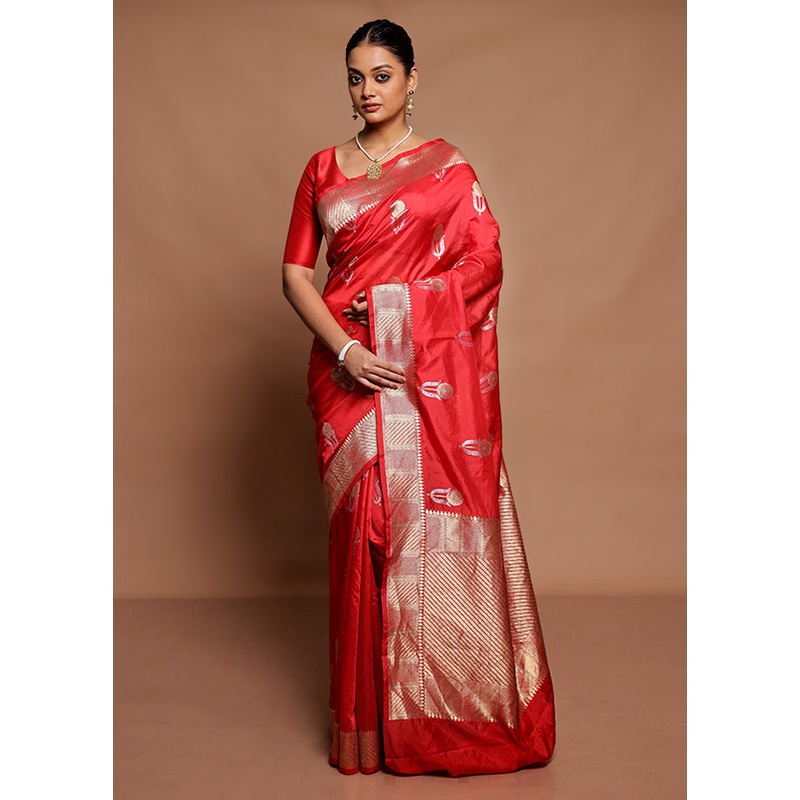 Red Dupion Silk Saree With Blouse Piece - JD986591579