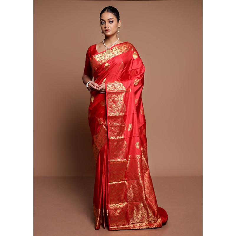Red Handloom Kanchipuram Pure Silk Saree With Blouse Piece - JD986591576