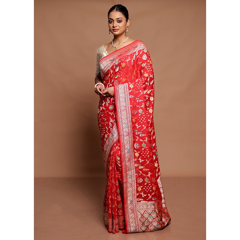 Red Handloom Pure Georgette Saree With Blouse Piece - JD986591574