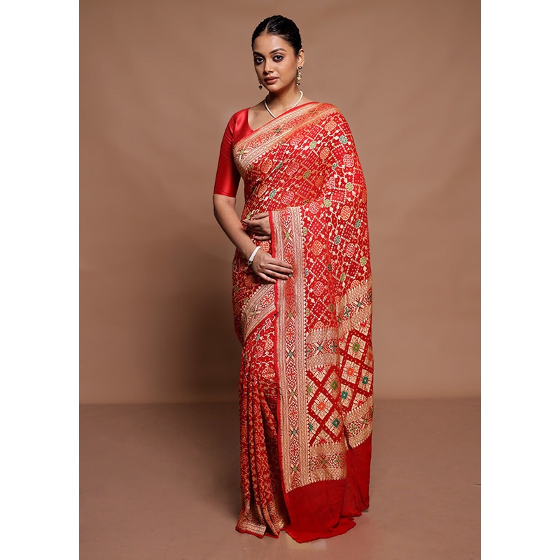 Red Pure Handloom Bandhej Saree With Blouse Piece - JD986591573