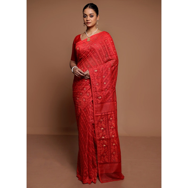 Red Tant Jamdani Saree Without Blouse Piece - JD986591572