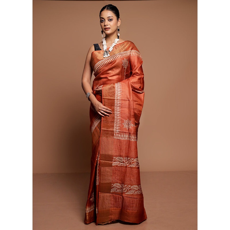 Rust Tussar Silk Saree With Blouse Piece - JD986591571