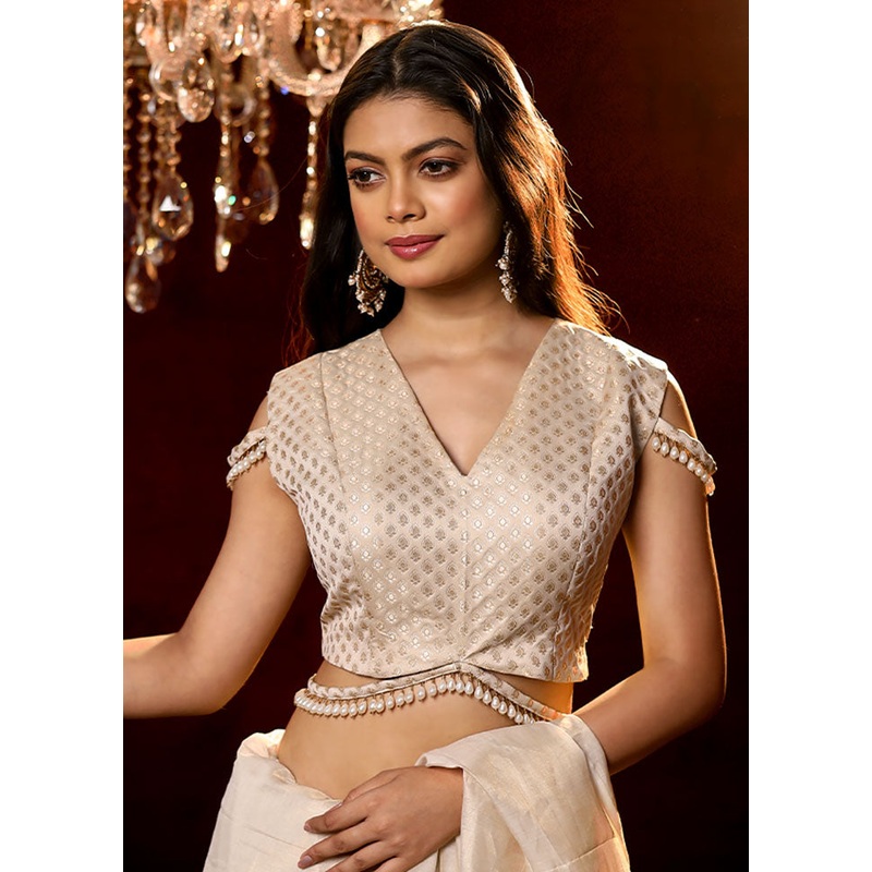 White Beaded Work Brocade Designer Blouse - JD986591467