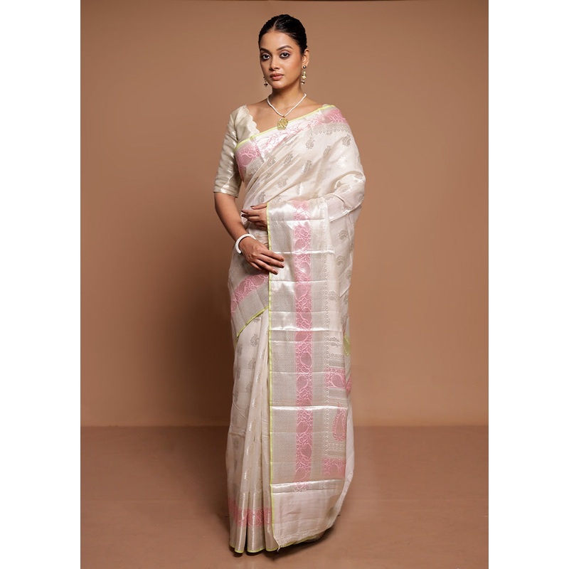 White Handloom Dupion Pure Silk Saree With Blouse Piece - JD986591570