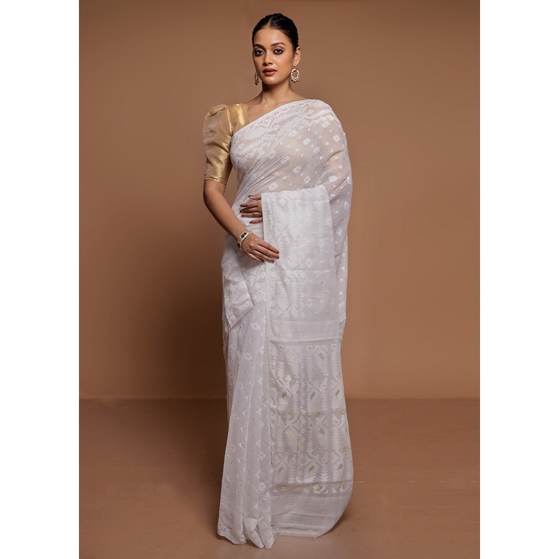 White Tant Jamdani Saree Without Blouse Piece - JD986591568
