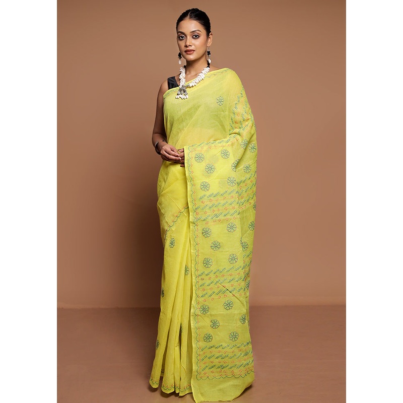 Yellow Chikankari Saree With Blouse Piece - JD986591567