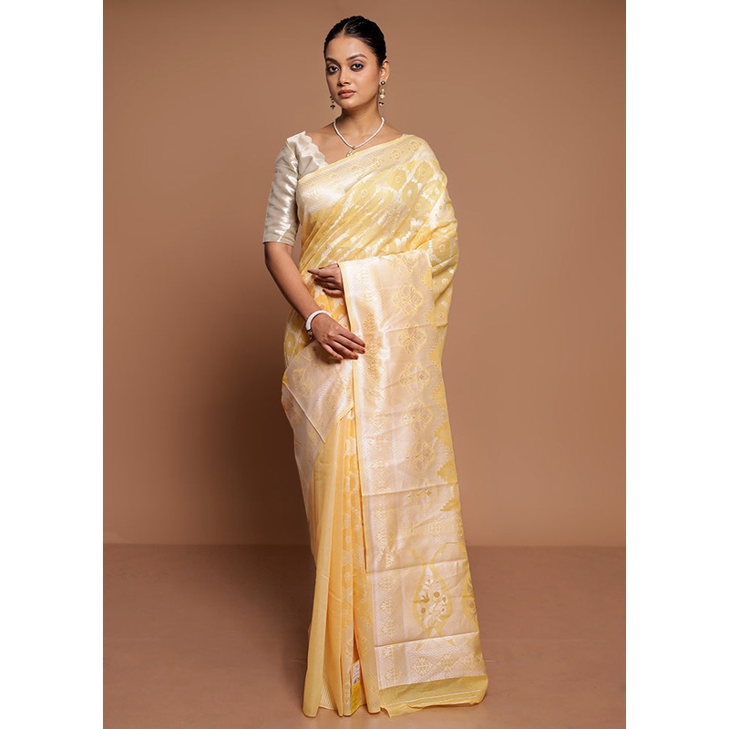 Yellow Cotton Saree With Blouse Piece - JD986591566