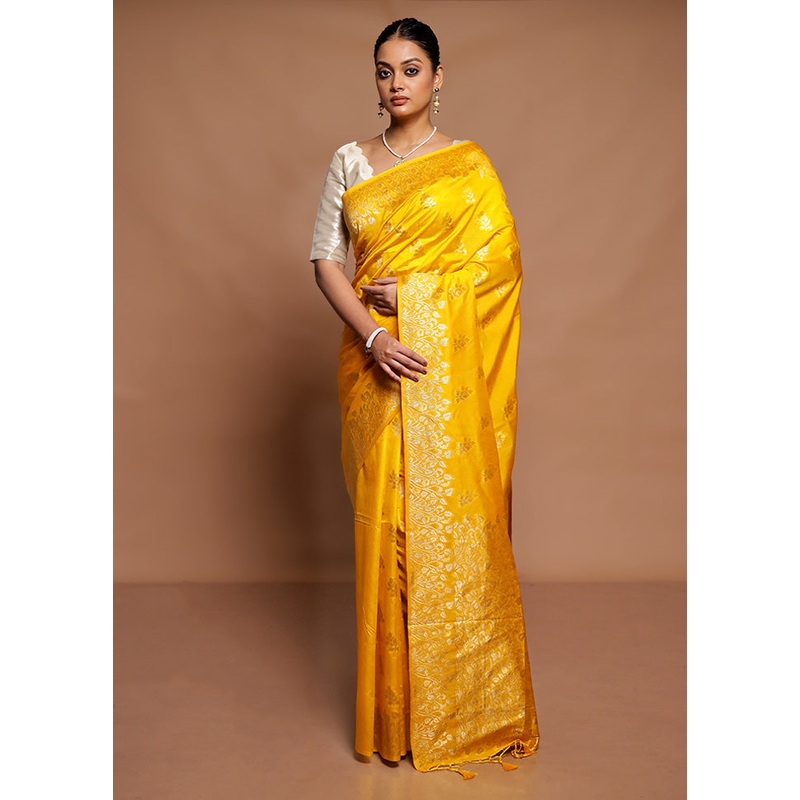 Yellow Dupion Silk Saree With Blouse Piece - JD986591562
