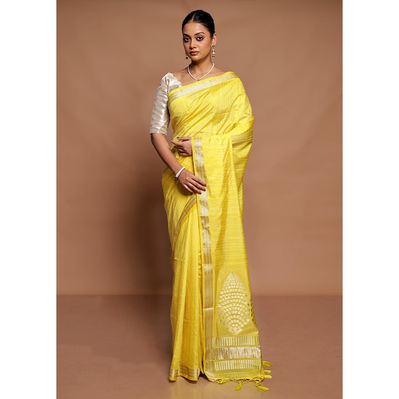 Yellow Dupion Silk Saree With Blouse Piece - JD986591563