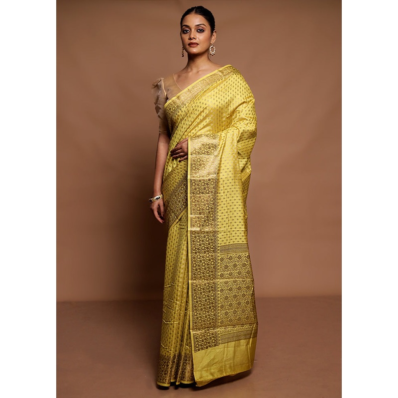 Yellow Dupion Silk Saree With Blouse Piece - JD986591564