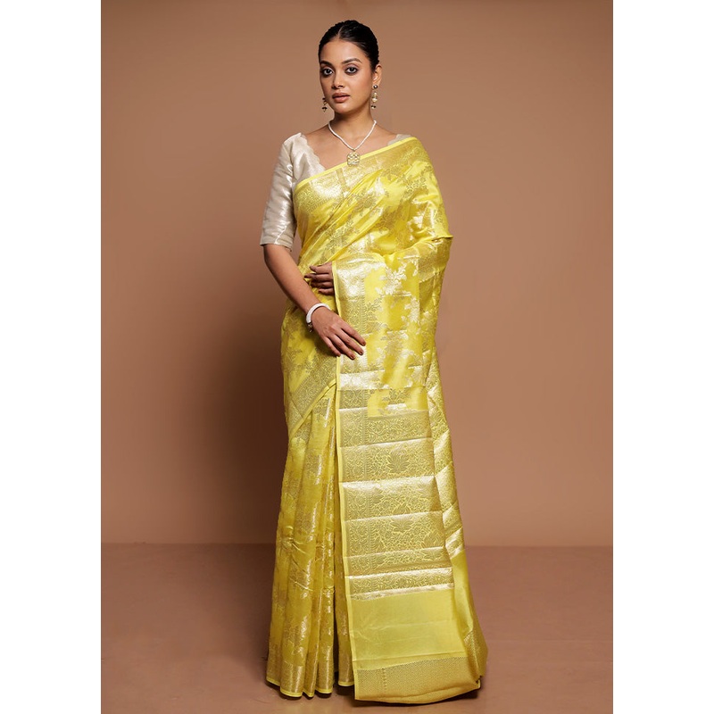 Yellow Dupion Silk Saree With Blouse Piece - JD986591565