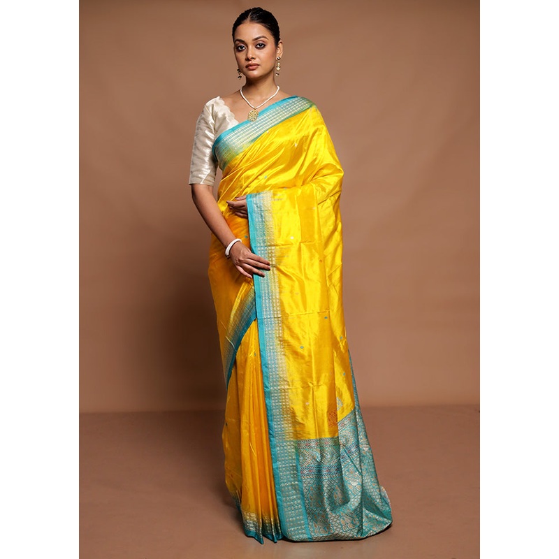 Yellow Handloom Bomkai Pure Silk Saree With Blouse Piece - JD986591561