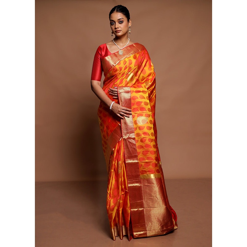 Yellow Handloom Kanchipuram Pure Silk Saree With Blouse Piece - JD986591559