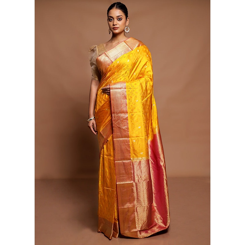Yellow Handloom Kanchipuram Pure Silk Saree With Blouse Piece - JD986591560