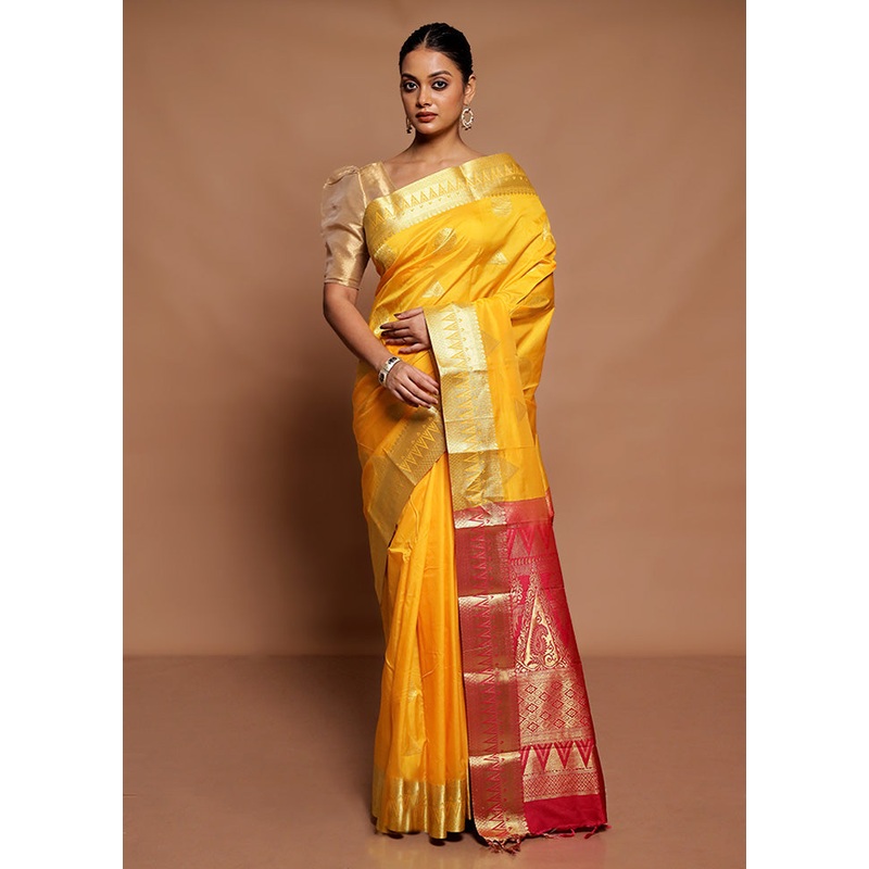 Yellow Kanjivaram Silk Saree With Blouse Piece - JD986591558