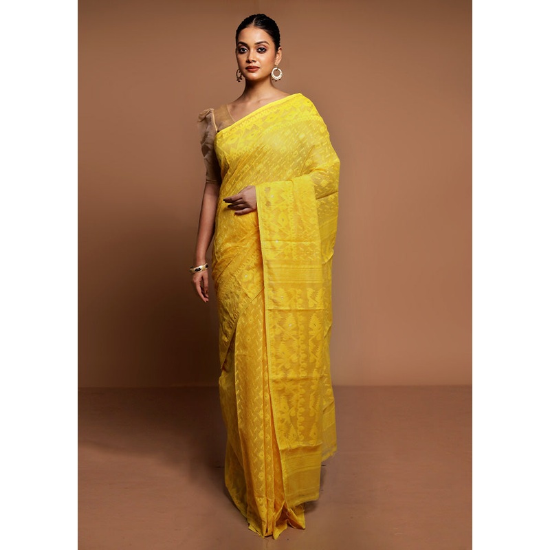 Yellow Tant Jamdani Saree Without Blouse Piece - JD986591557