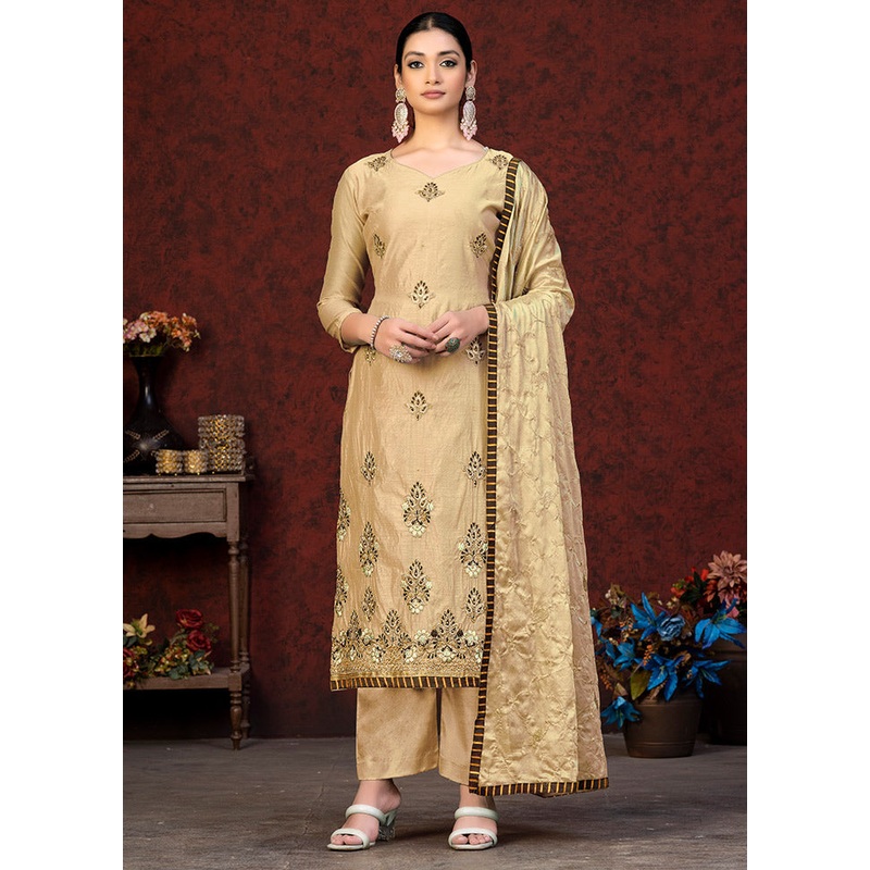 3 Pc Beige Unstitched Chanderi Suit Set - JD986591165