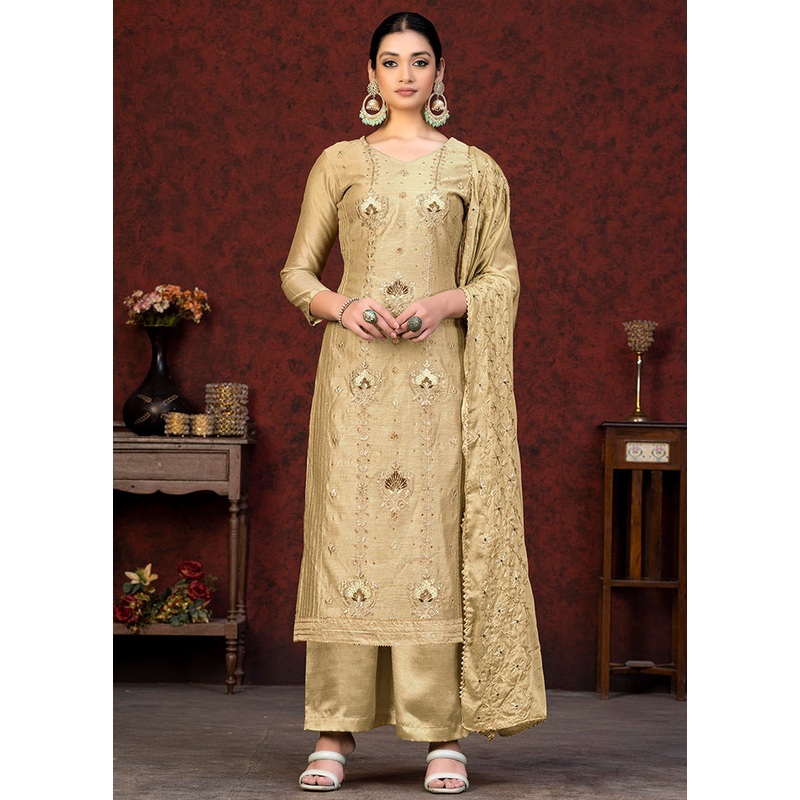 3 Pc Beige Unstitched Chanderi Suit Set - JD986591172