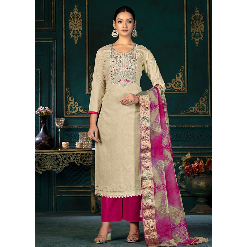 3 Pc Beige Unstitched Cotton Suit Set - JD986591144