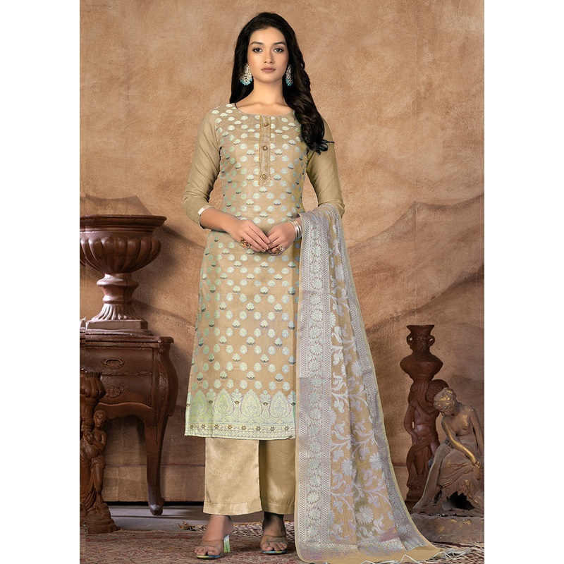 3 Pc Beige Unstitched Silk Suit Set - JD986591158