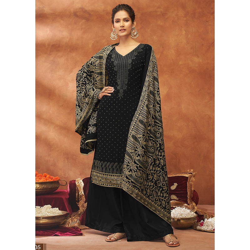 3 Pc Black Unstitched Pure Georgette Suit Set - JD986591178