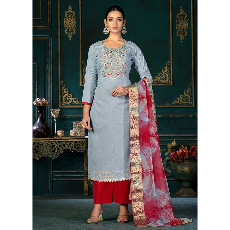 3 Pc Blue Unstitched Cotton Suit Set - JD986591142