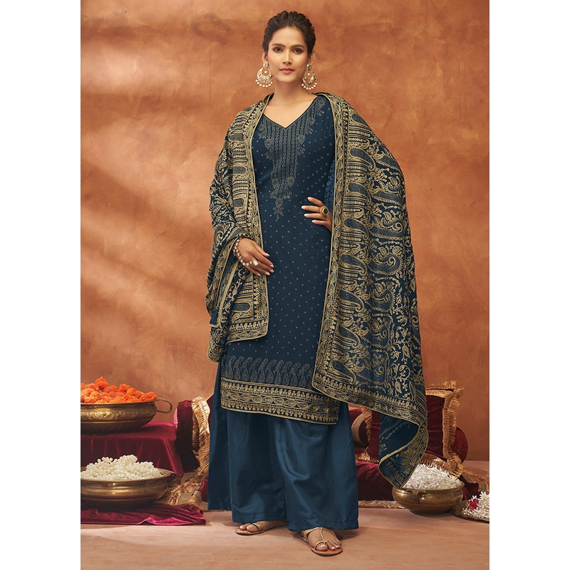 3 Pc Blue Unstitched Pure Georgette Suit Set - JD986591176