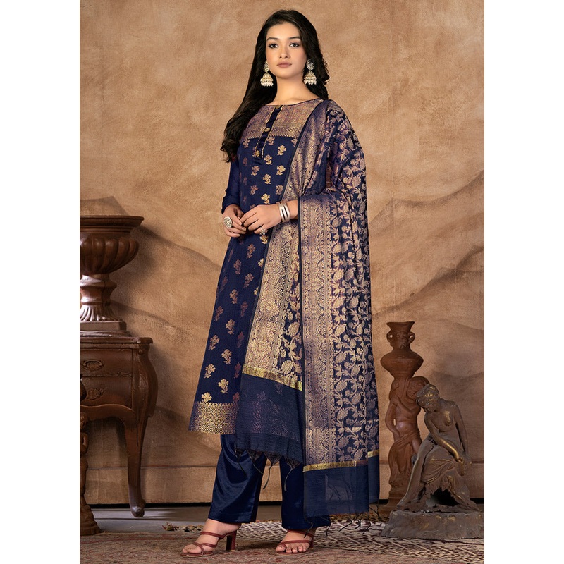 3 Pc Blue Unstitched Silk Suit Set - JD986591150