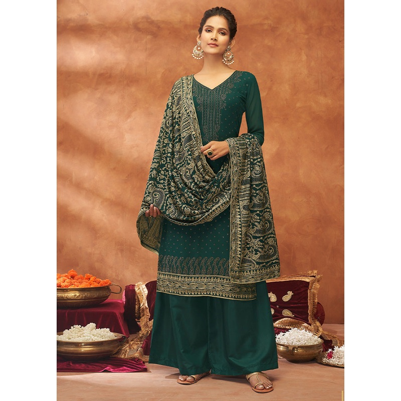 3 Pc Bottle Green Unstitched Pure Georgette Suit Set - JD986591174