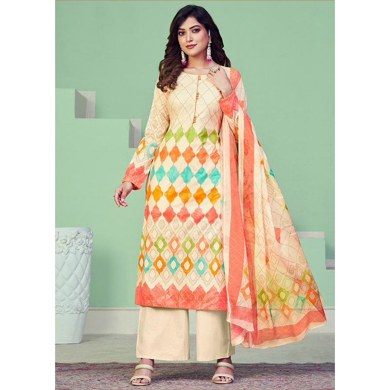 3 Pc Cream Unstitched Pure Cotton Suit Set - JD986591132