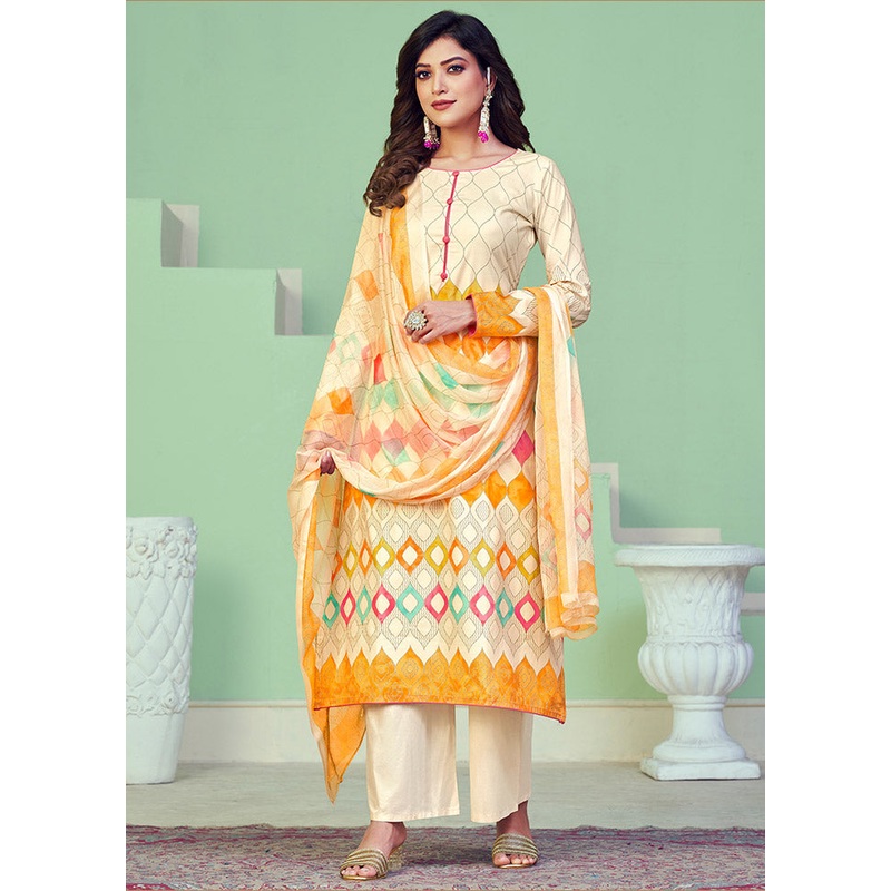 3 Pc Cream Unstitched Pure Cotton Suit Set - JD986591133