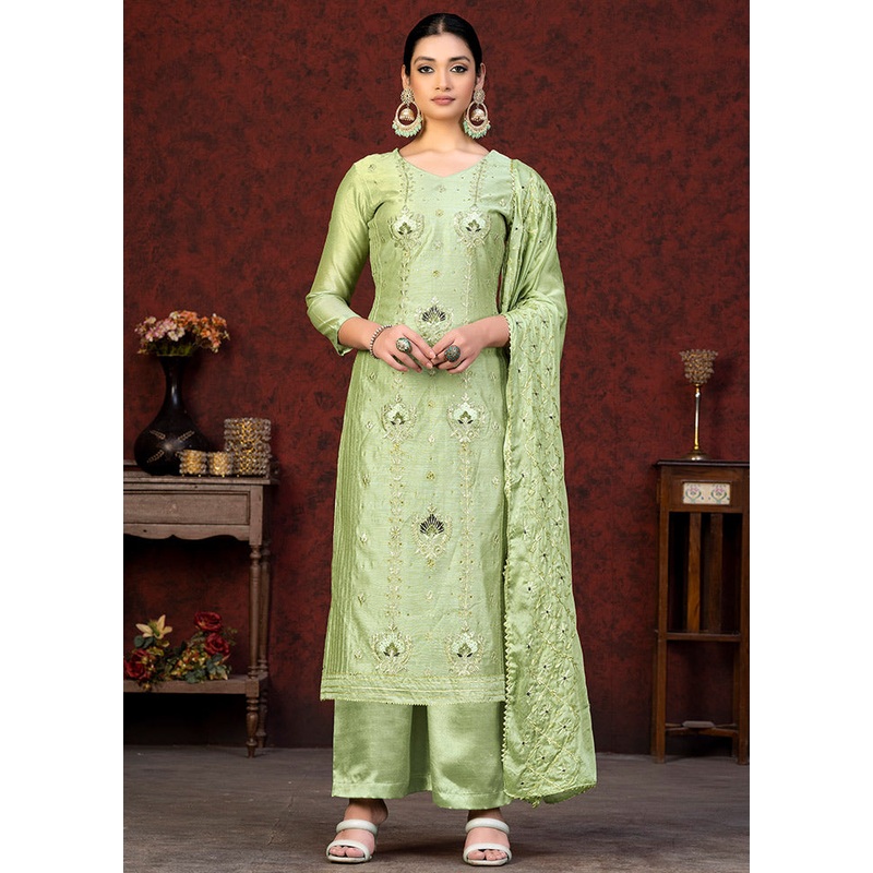 3 Pc Green Unstitched Chanderi Suit Set - JD986591173