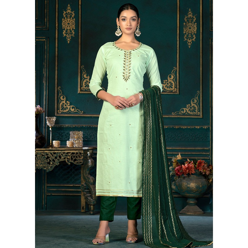 3 Pc Green Unstitched Cotton Suit Set - JD986591140