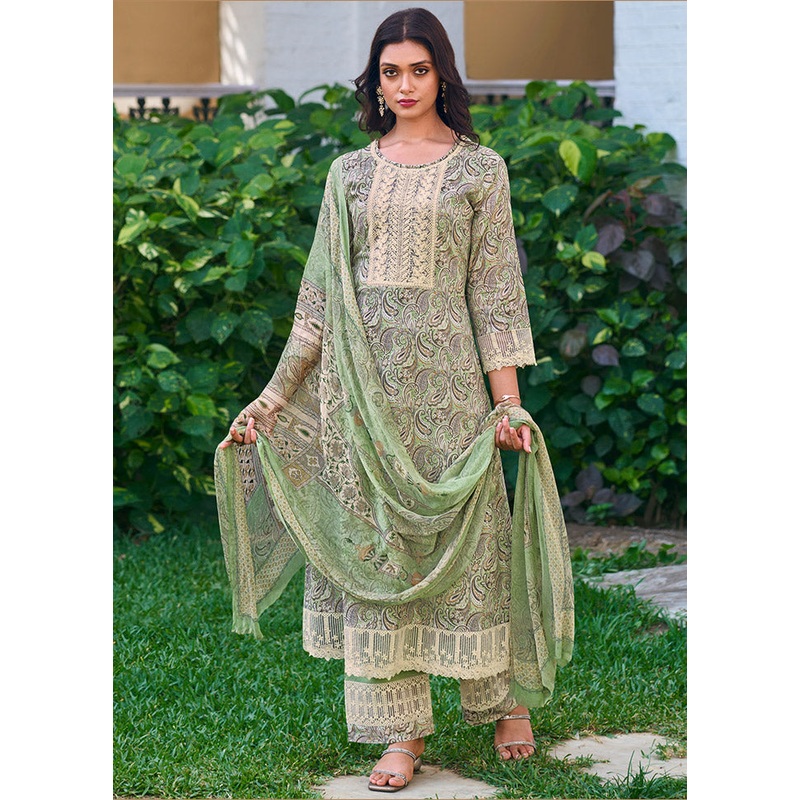 3 Pc Green Unstitched Pure Cotton Suit Set - JD986591135