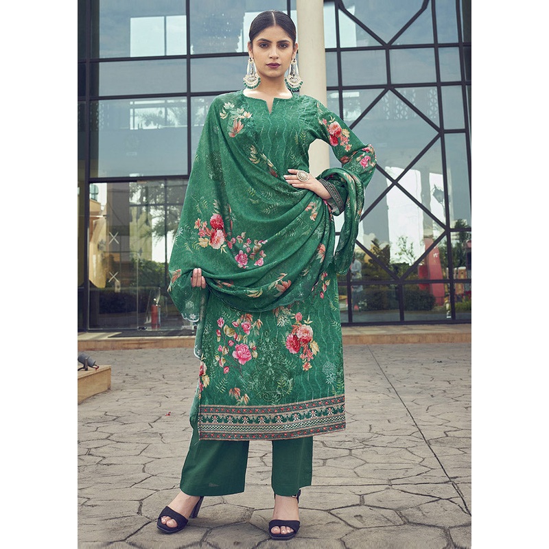 3 Pc Green Unstitched Silk Printed Suit Set - JD986591130