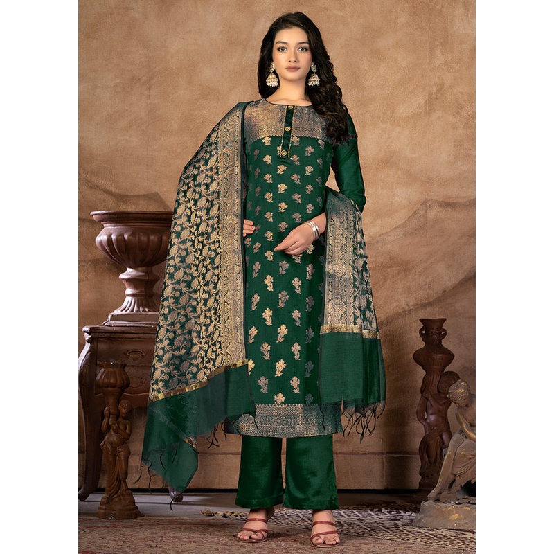 3 Pc Green Unstitched Silk Suit Set - JD986591148