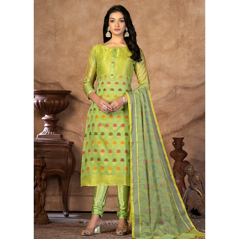 3 Pc Green Unstitched Silk Suit Set - JD986591153