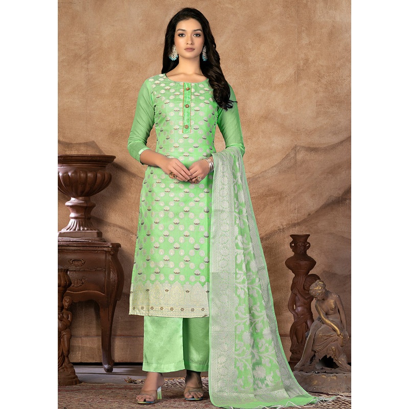 3 Pc Green Unstitched Silk Suit Set - JD986591159
