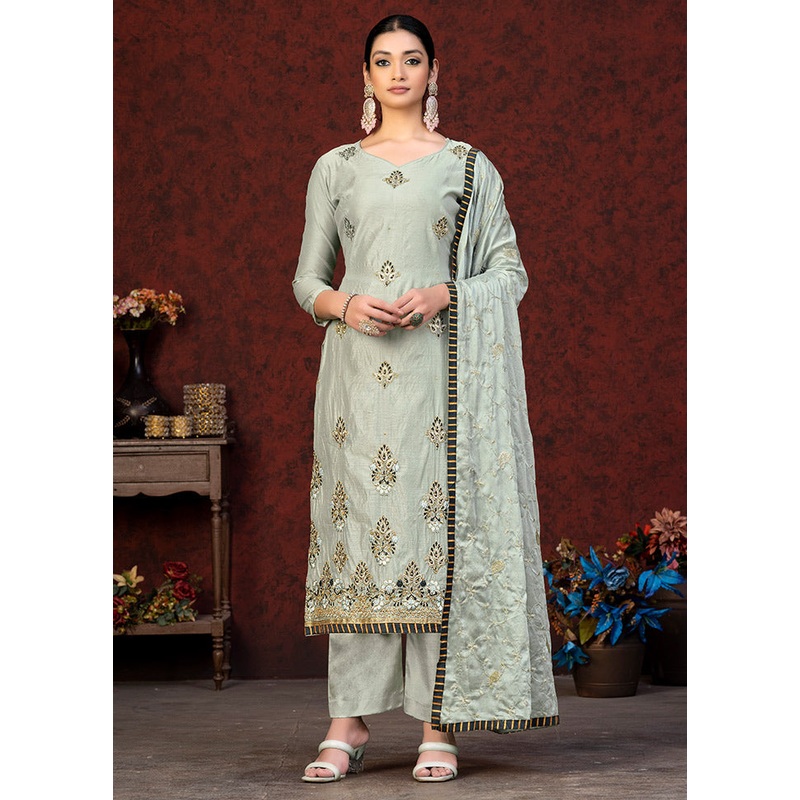 3 Pc Grey Unstitched Chanderi Suit Set - JD986591167