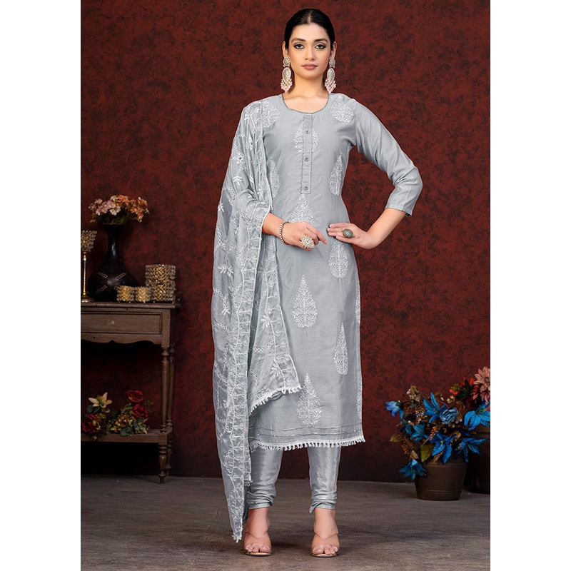 3 Pc Grey Unstitched Chanderi Suit Set - JD986591170